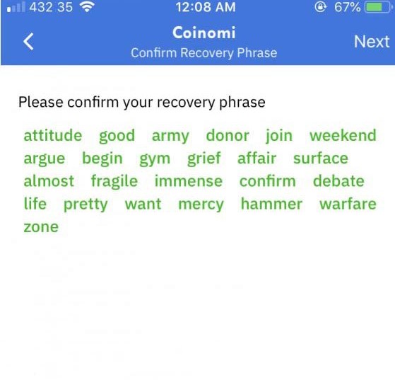 confirm recovery phrase